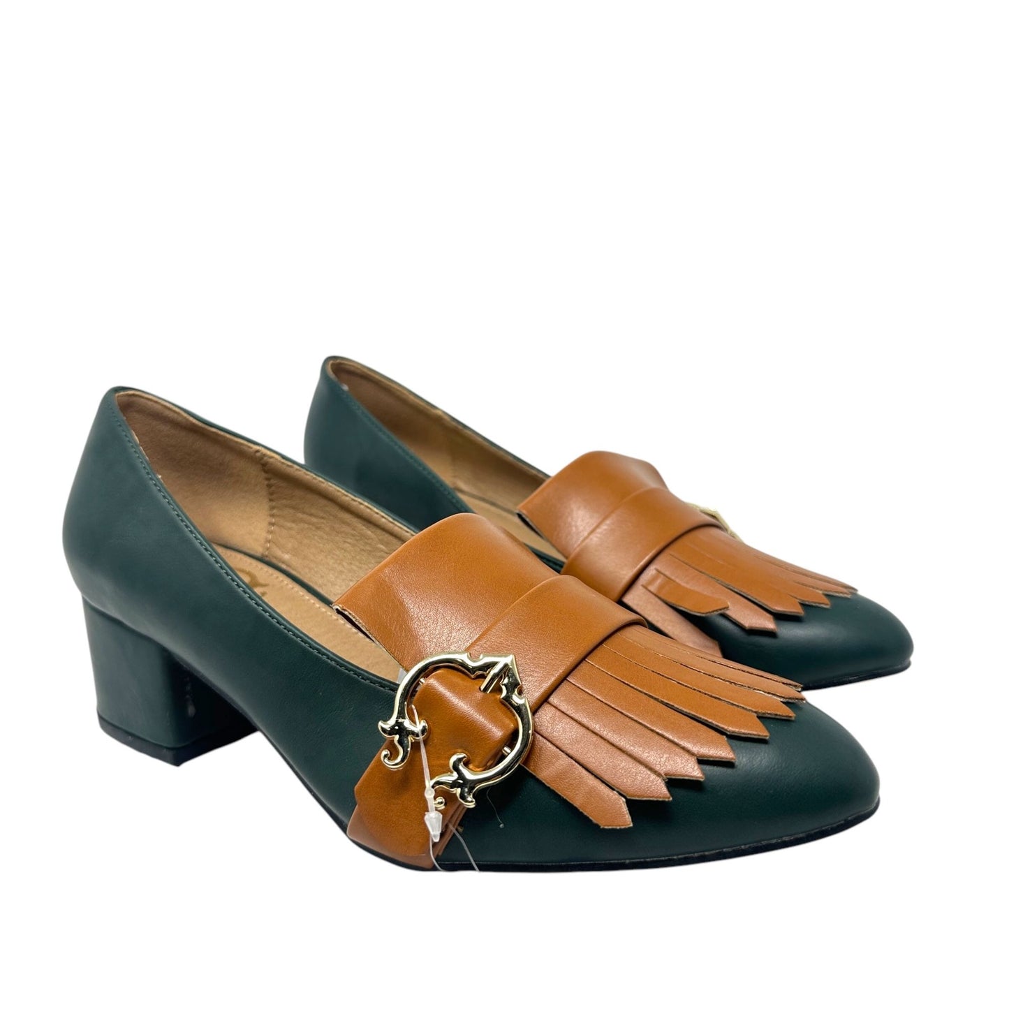 NWB C Wonder Womens 8 Sassie Loafers Block Heel Kiltie Fringe Green Brown Buckle