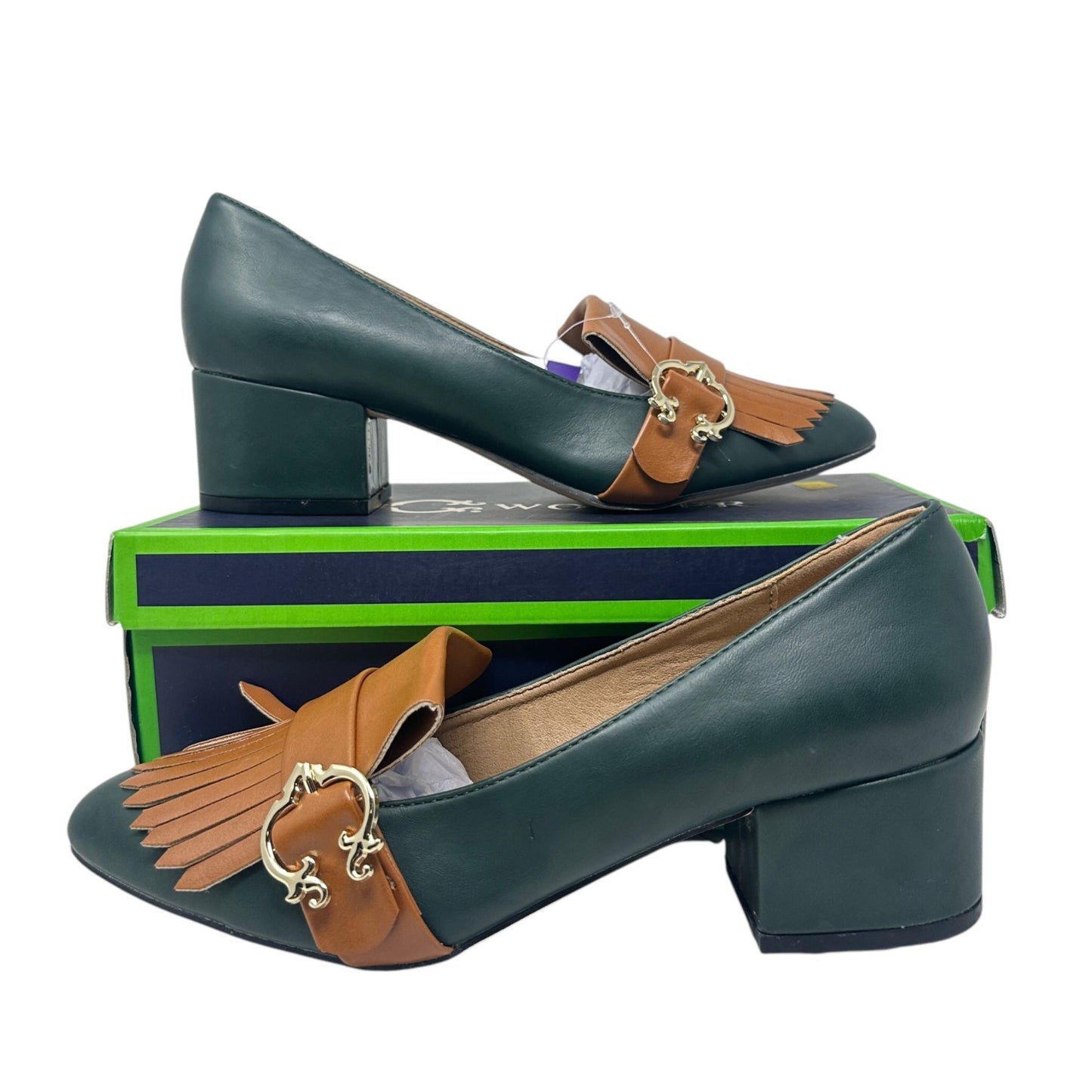 NWB C Wonder Womens 8 Sassie Loafers Block Heel Kiltie Fringe Green Brown Buckle