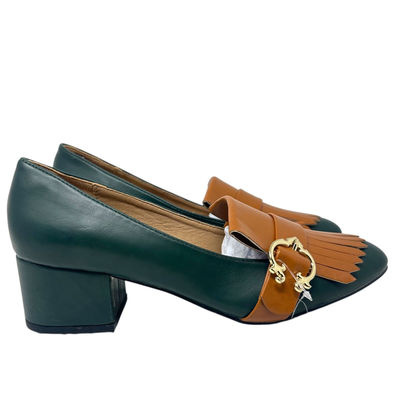 NWB C Wonder Womens 8 Sassie Loafers Block Heel Kiltie Fringe Green Brown Buckle