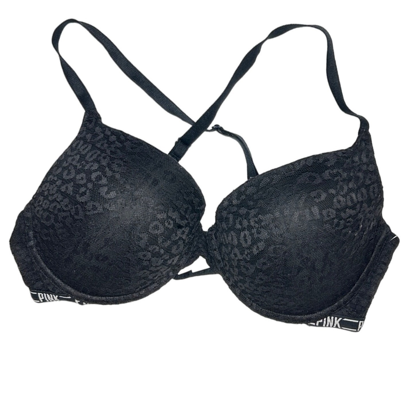Victoria's Secret PINK 34DD Black Bra Cheetah Print Criss Cross Back Underwire