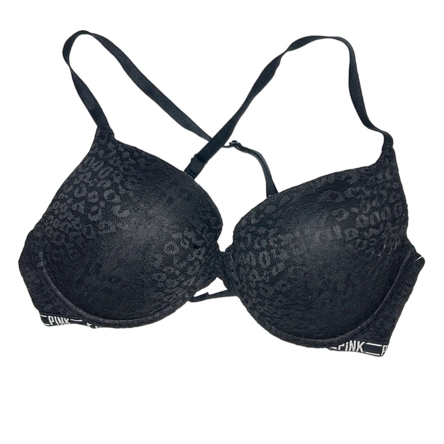 Victoria's Secret PINK 34DD Black Bra Cheetah Print Criss Cross Back Underwire