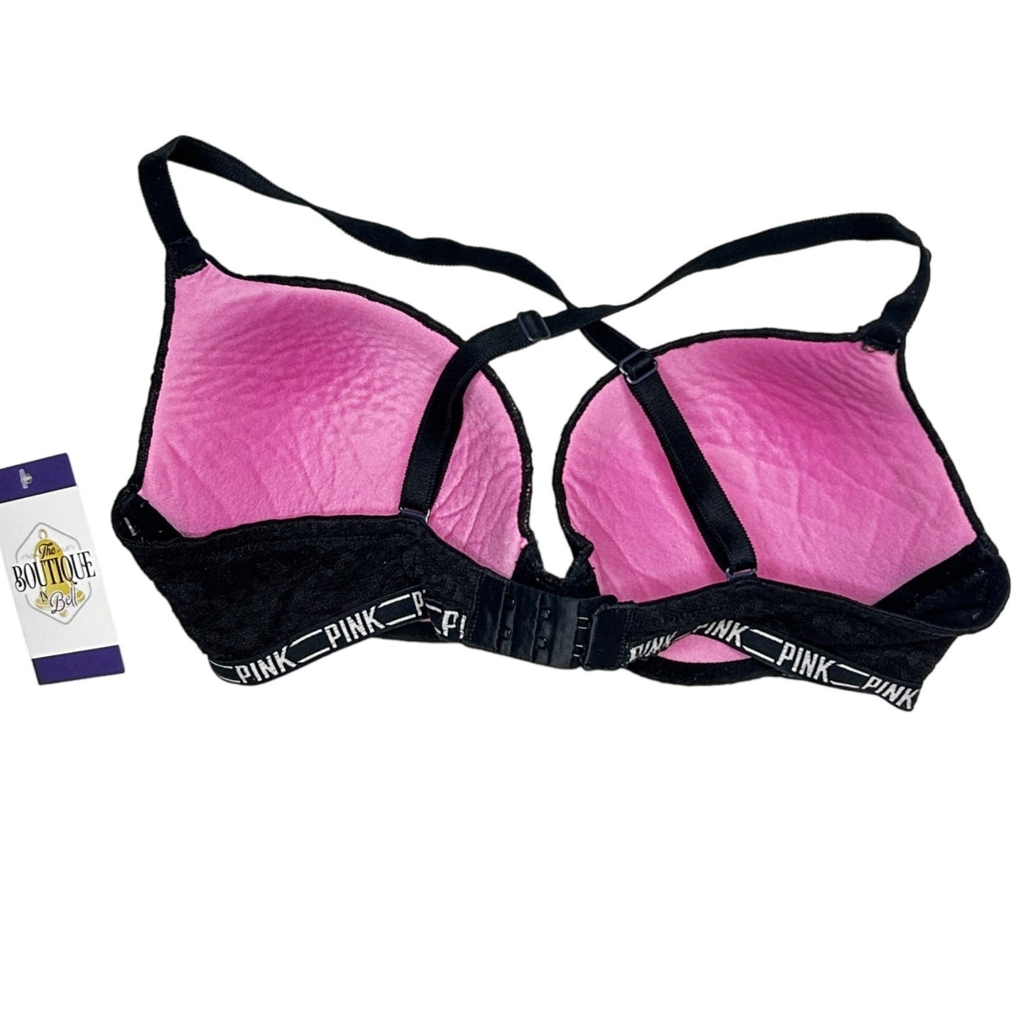 Victoria's Secret PINK 34DD Black Bra Cheetah Print Criss Cross Back Underwire