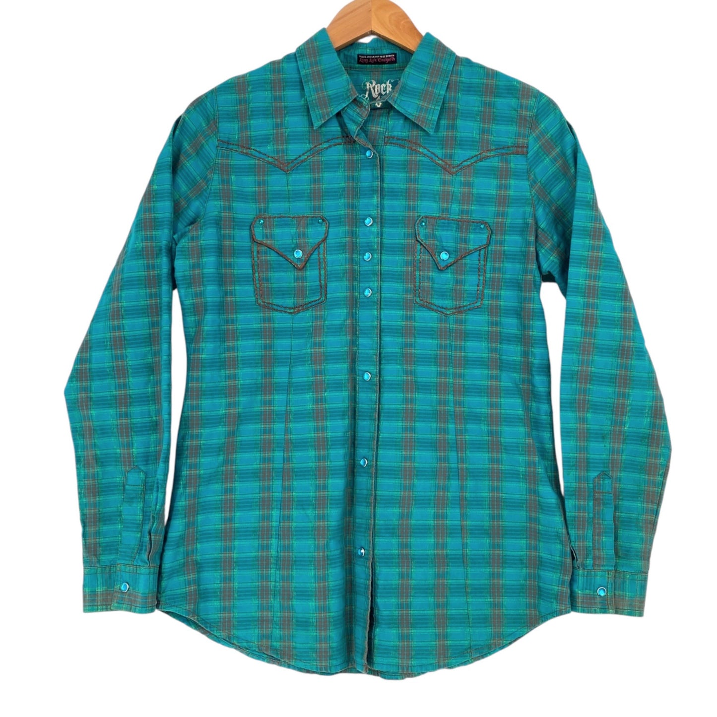 Rock 47 by Wrangler Womens M Teal Pearl Snap Blouse Long Sleeve Shirt Western