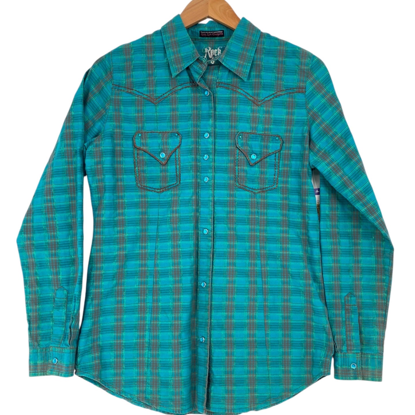 Rock 47 by Wrangler Womens M Teal Pearl Snap Blouse Long Sleeve Shirt Western