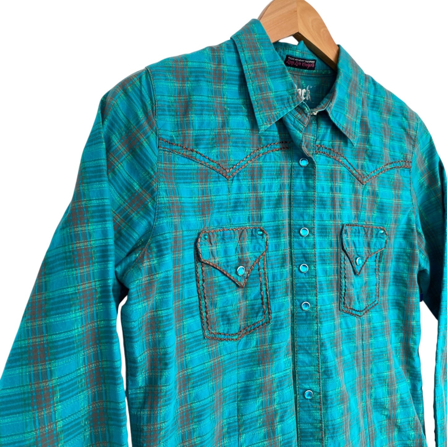 Rock 47 by Wrangler Womens M Teal Pearl Snap Blouse Long Sleeve Shirt Western