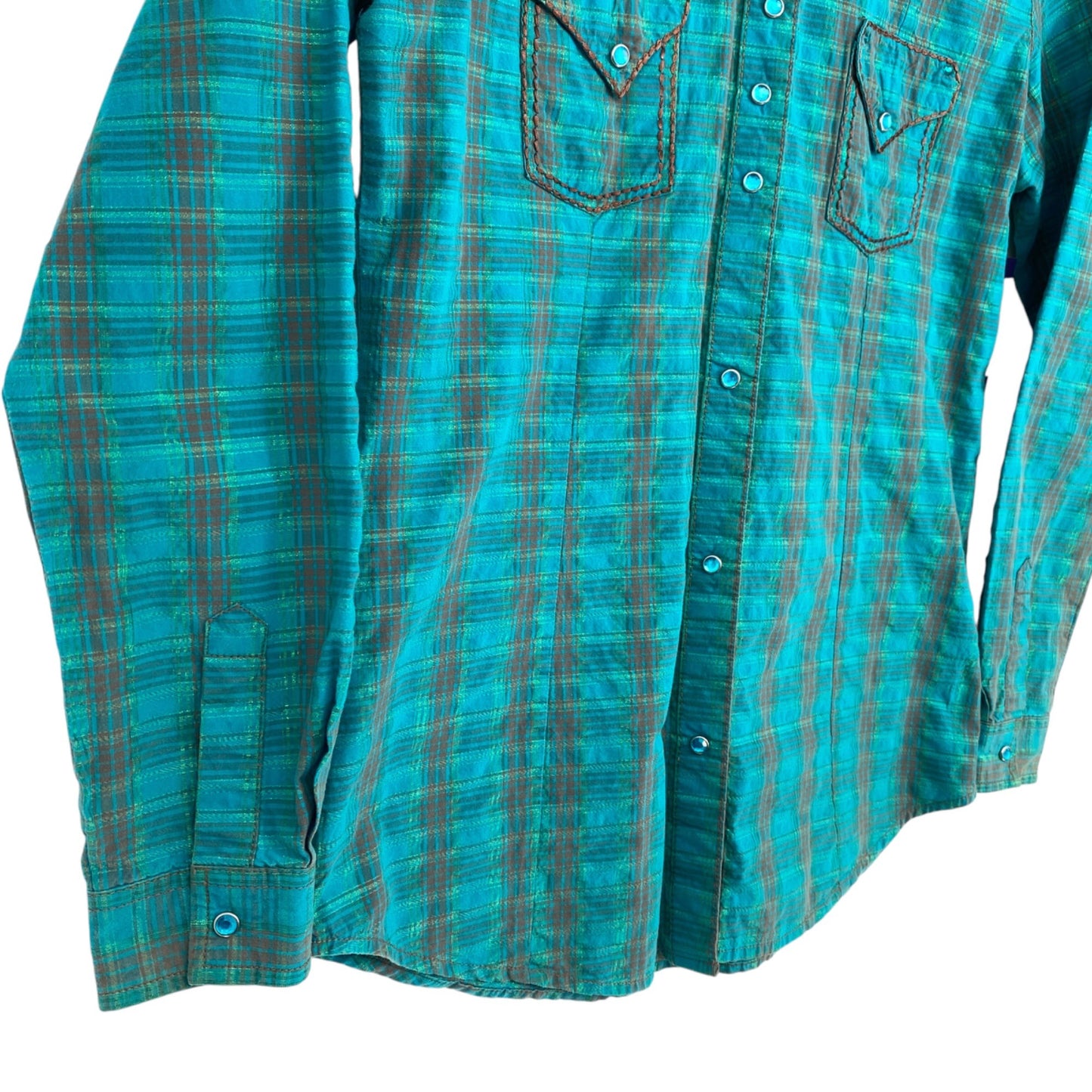 Rock 47 by Wrangler Womens M Teal Pearl Snap Blouse Long Sleeve Shirt Western