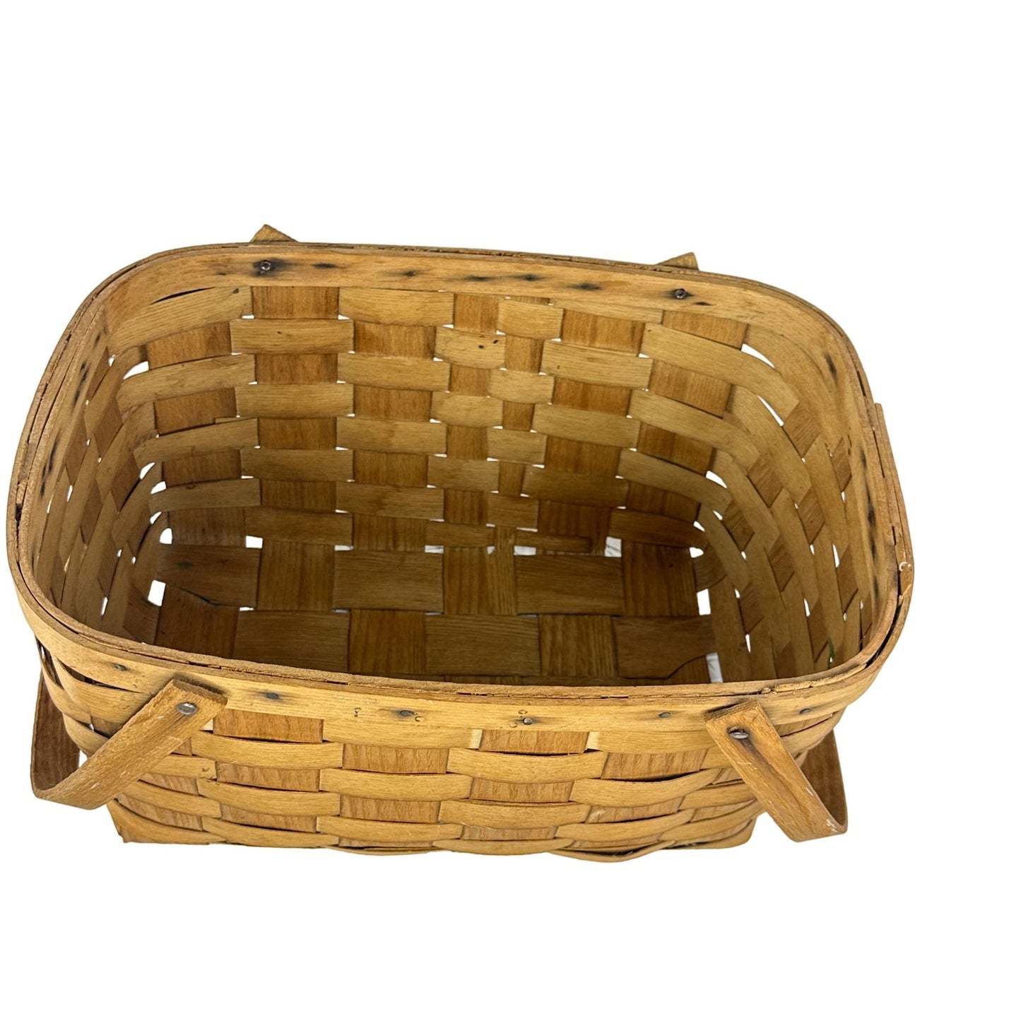 Vtg Basketville Woven Wood Picnic Basket Swing Handles Farmhouse Rustic Decor