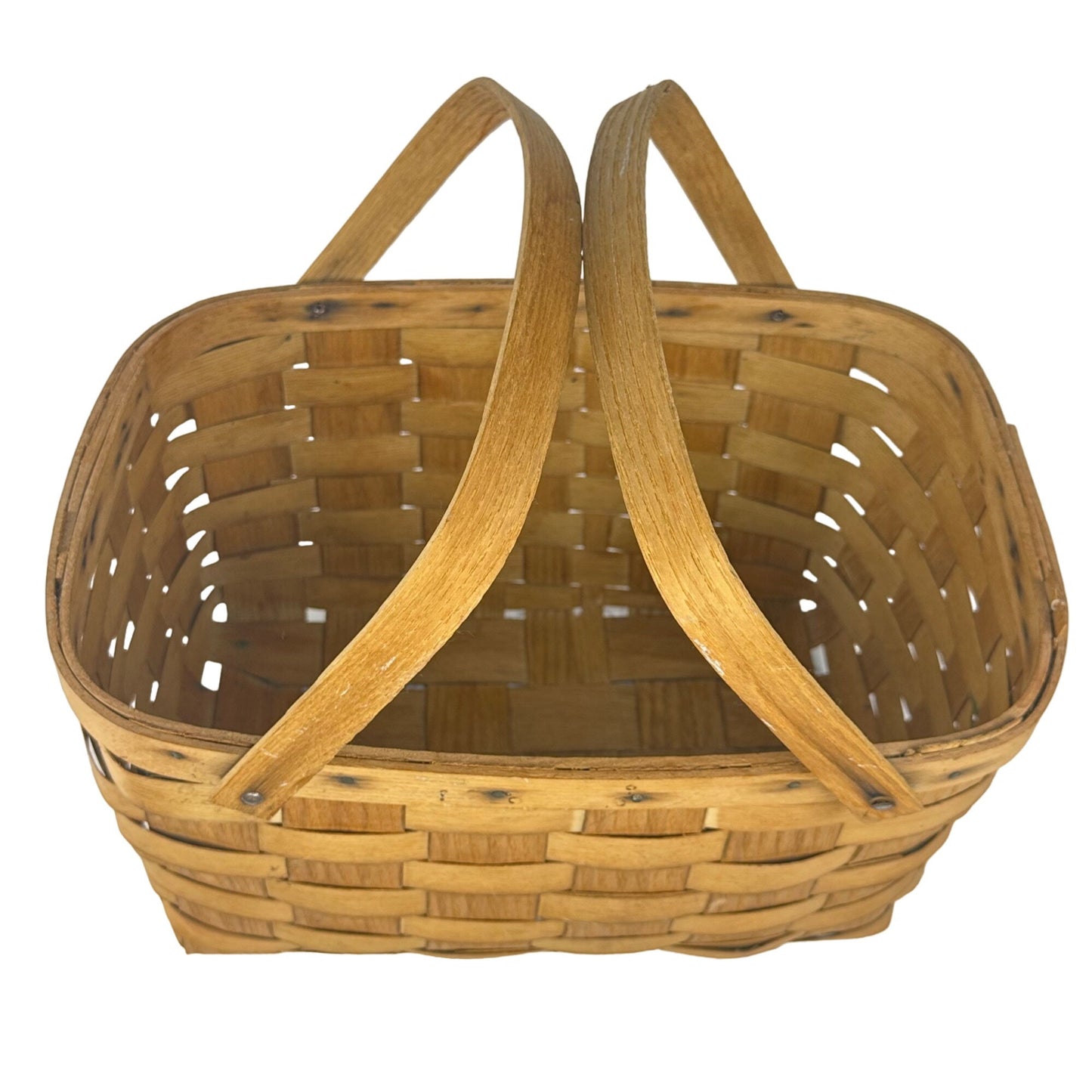Vtg Basketville Woven Wood Picnic Basket Swing Handles Farmhouse Rustic Decor