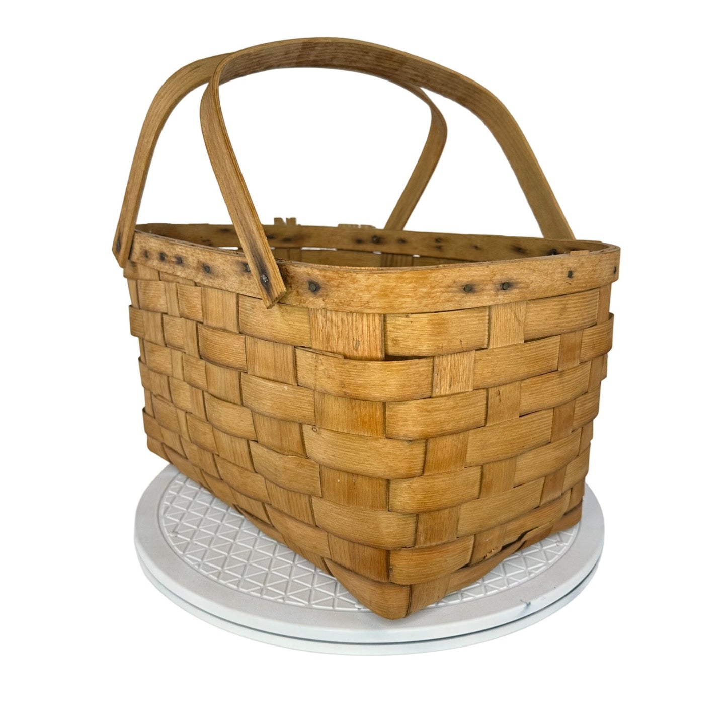 Vtg Basketville Woven Wood Picnic Basket Swing Handles Farmhouse Rustic Decor