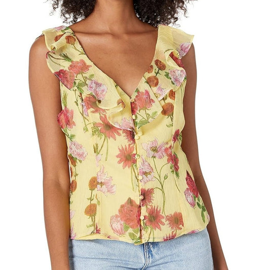 BB DAKOTA Women L Yellow Botany of Desire Floral Top Tank Ruffle Cottagecore