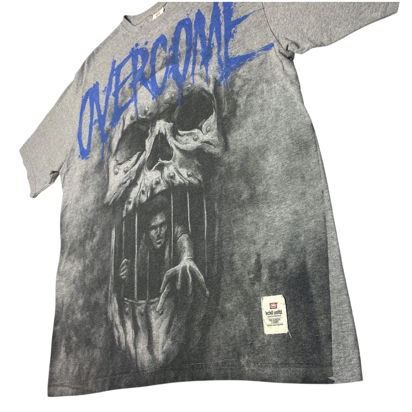 Vintage Ecko Unltd XXL Gray Overcome Overturn Graphic T-Shirt Skull Prison Bars