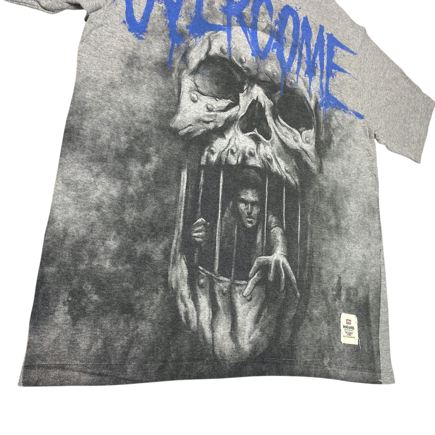 Vintage Ecko Unltd XXL Gray Overcome Overturn Graphic T-Shirt Skull Prison Bars