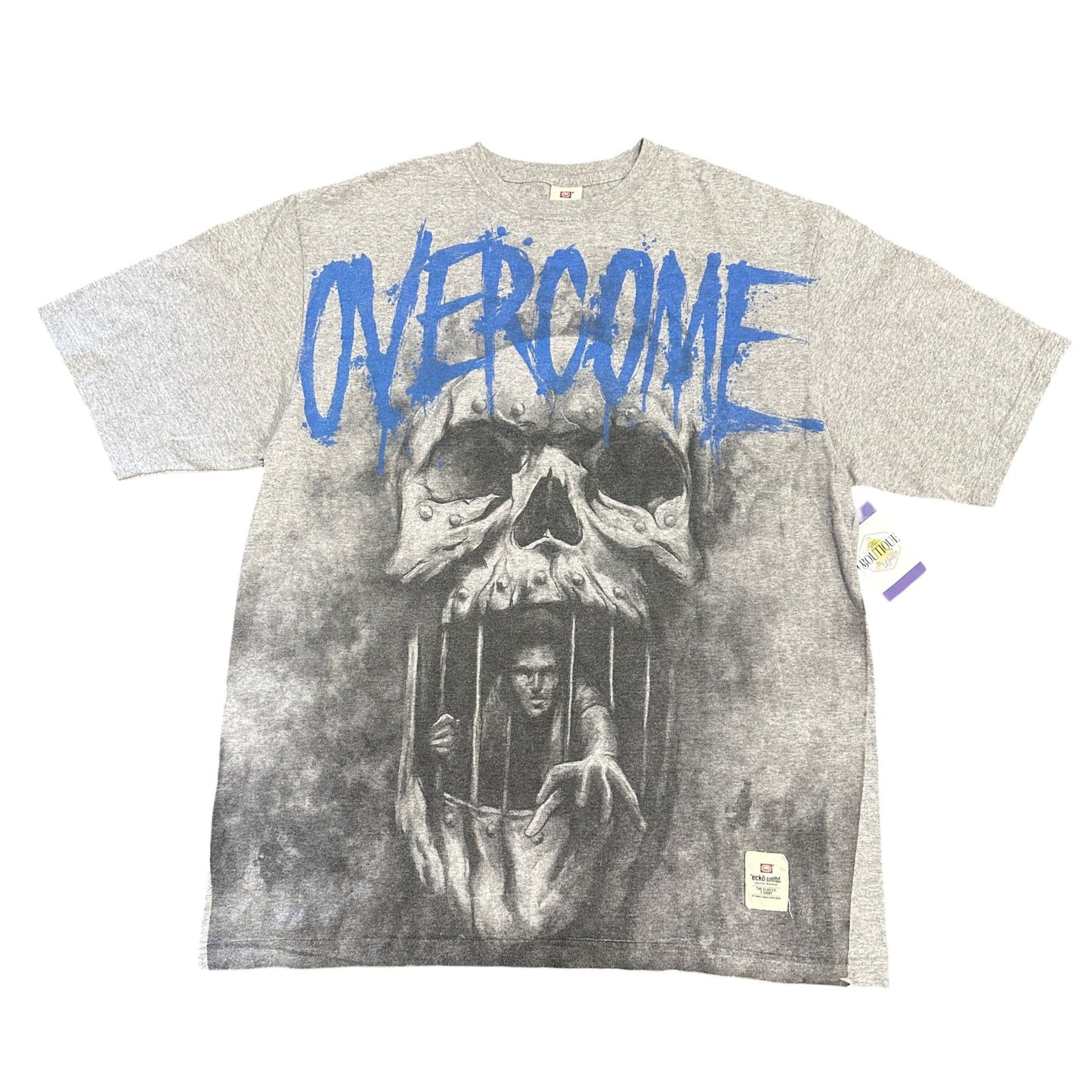 Vintage Ecko Unltd XXL Gray Overcome Overturn Graphic T-Shirt Skull Prison Bars