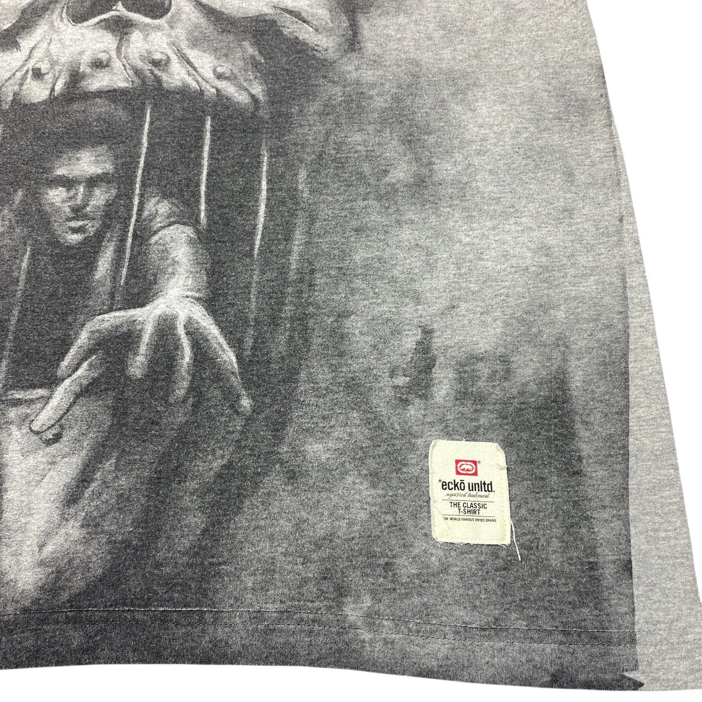 Vintage Ecko Unltd XXL Gray Overcome Overturn Graphic T-Shirt Skull Prison Bars