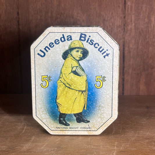 Uneeda Biscuit Advertising Tin Vintage 5 Cent Boy Raincoat Graphic Retro Decor