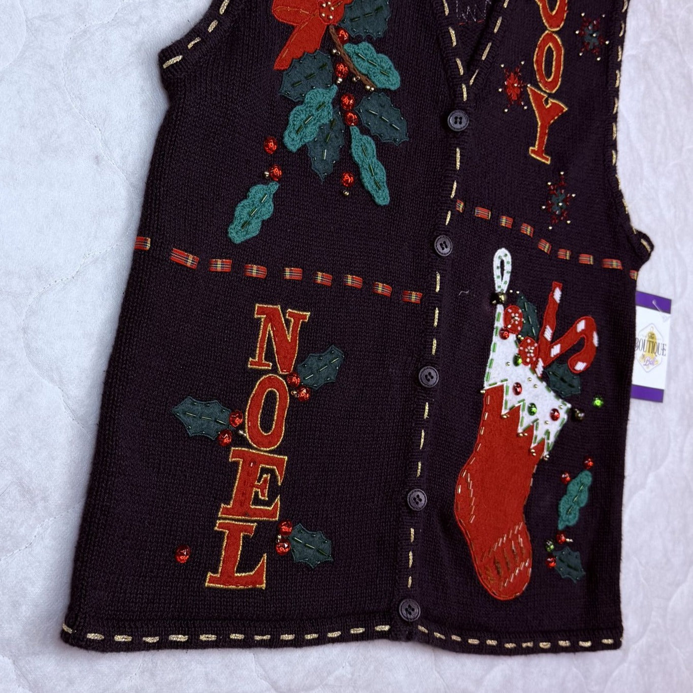 Bobbie Brooks Womens S Christmas Sweater Vest Black Festive Embroidered Beaded