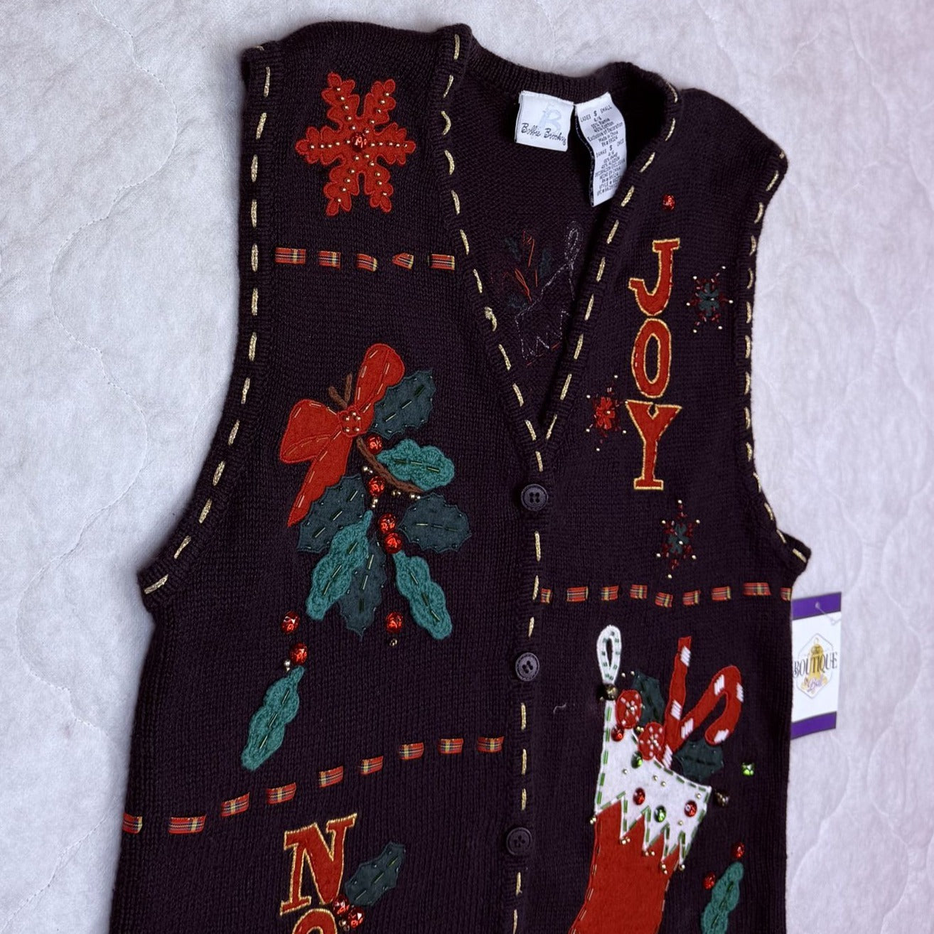 Bobbie Brooks Womens S Christmas Sweater Vest Black Festive Embroidered Beaded