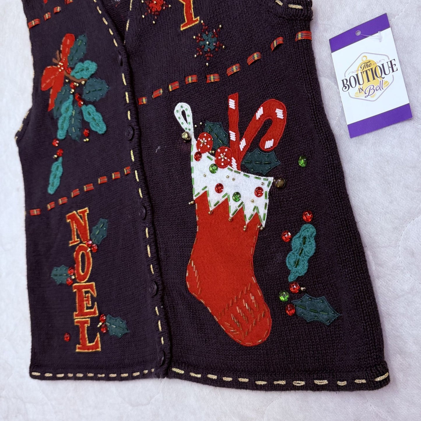 Bobbie Brooks Womens S Christmas Sweater Vest Black Festive Embroidered Beaded