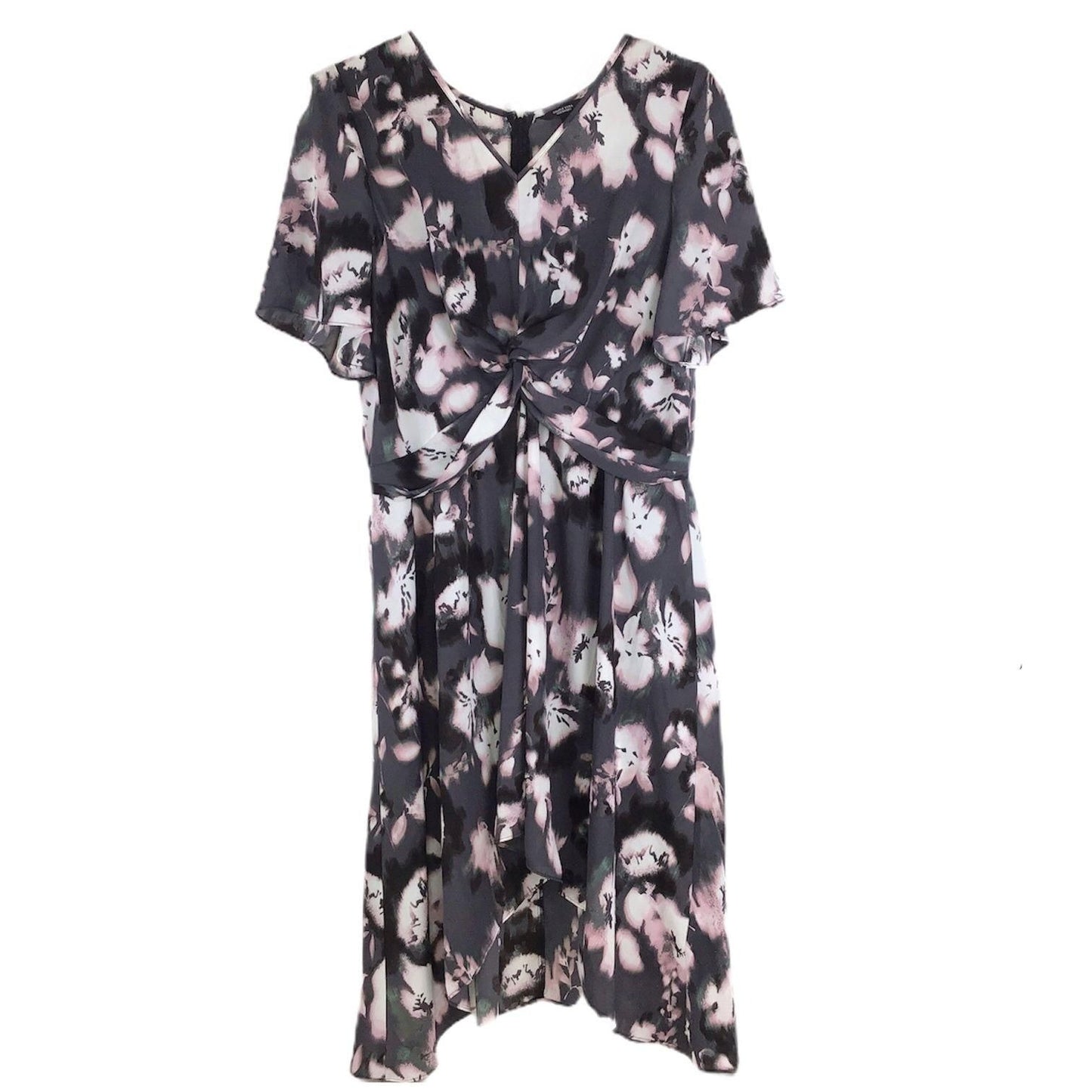 Vera Wang Womens XXL Dress Twist Front V-Neck Asymmetrical Hem Grey Pink Floral