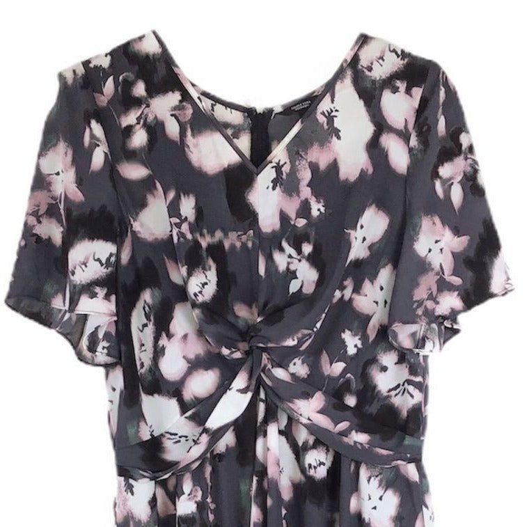 Vera Wang Womens XXL Dress Twist Front V-Neck Asymmetrical Hem Grey Pink Floral