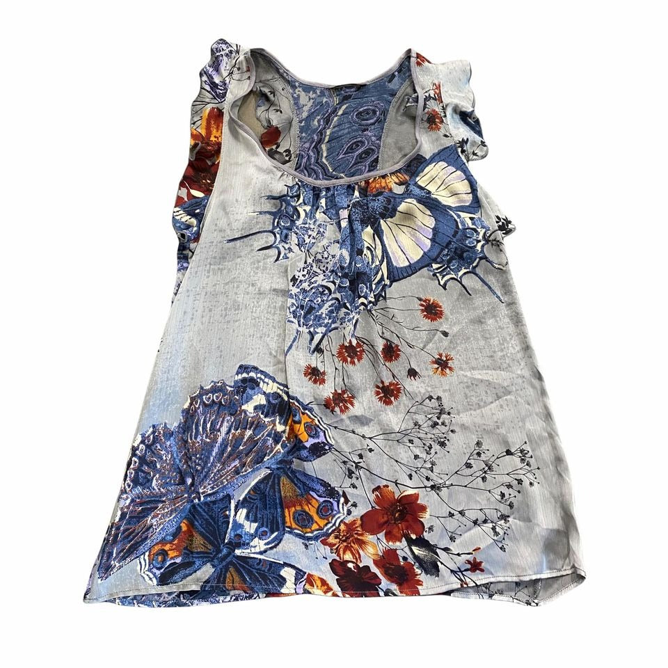 West Kei PM Sleeveless Blouse Butterfly Print Tank Ruffle Racerback Petite Silky