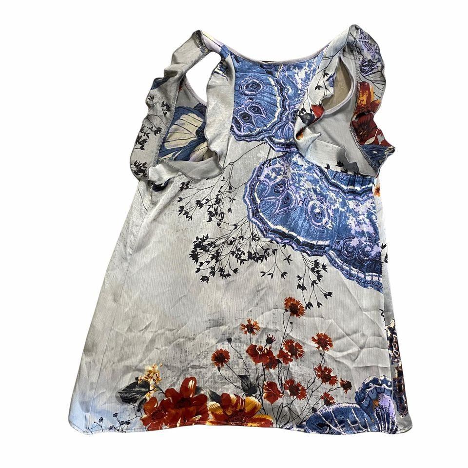 West Kei PM Sleeveless Blouse Butterfly Print Tank Ruffle Racerback Petite Silky