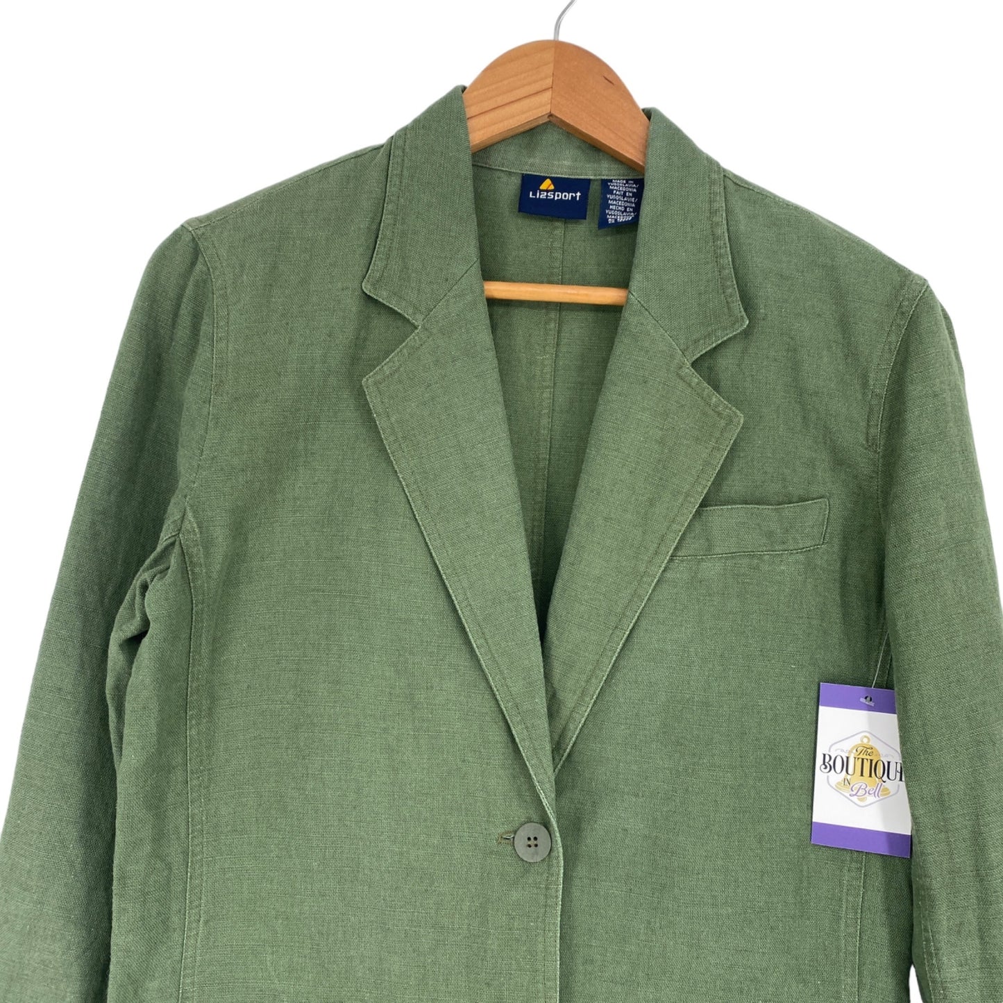 Vtg Liz Sport Linen Blazer Jacket S Green Career Academia Office Wear Quiet Lux