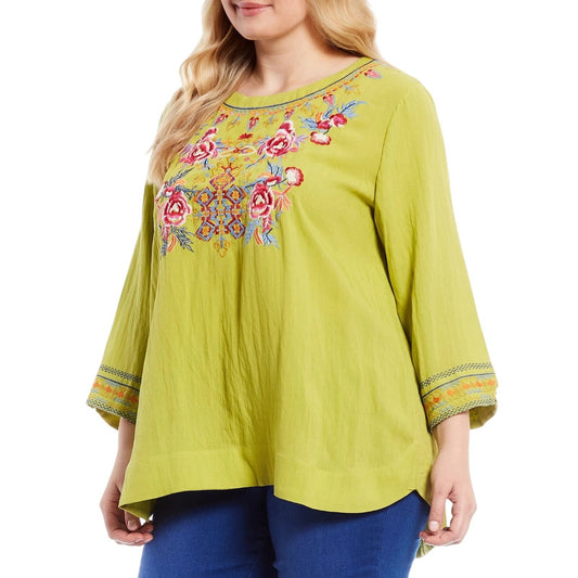 Calessa Womens 3X Tunic Top Lime Green Floral Embroidered Boho Shirt 3/4 Sleeve