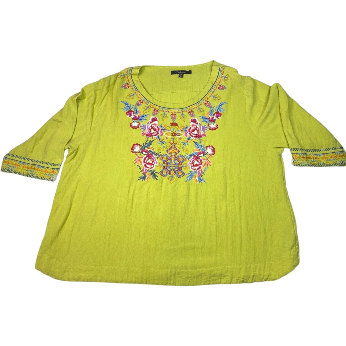 Calessa Womens 3X Tunic Top Lime Green Floral Embroidered Boho Shirt 3/4 Sleeve