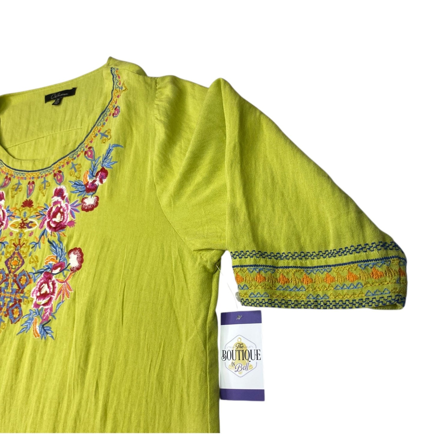 Calessa Womens 3X Tunic Top Lime Green Floral Embroidered Boho Shirt 3/4 Sleeve