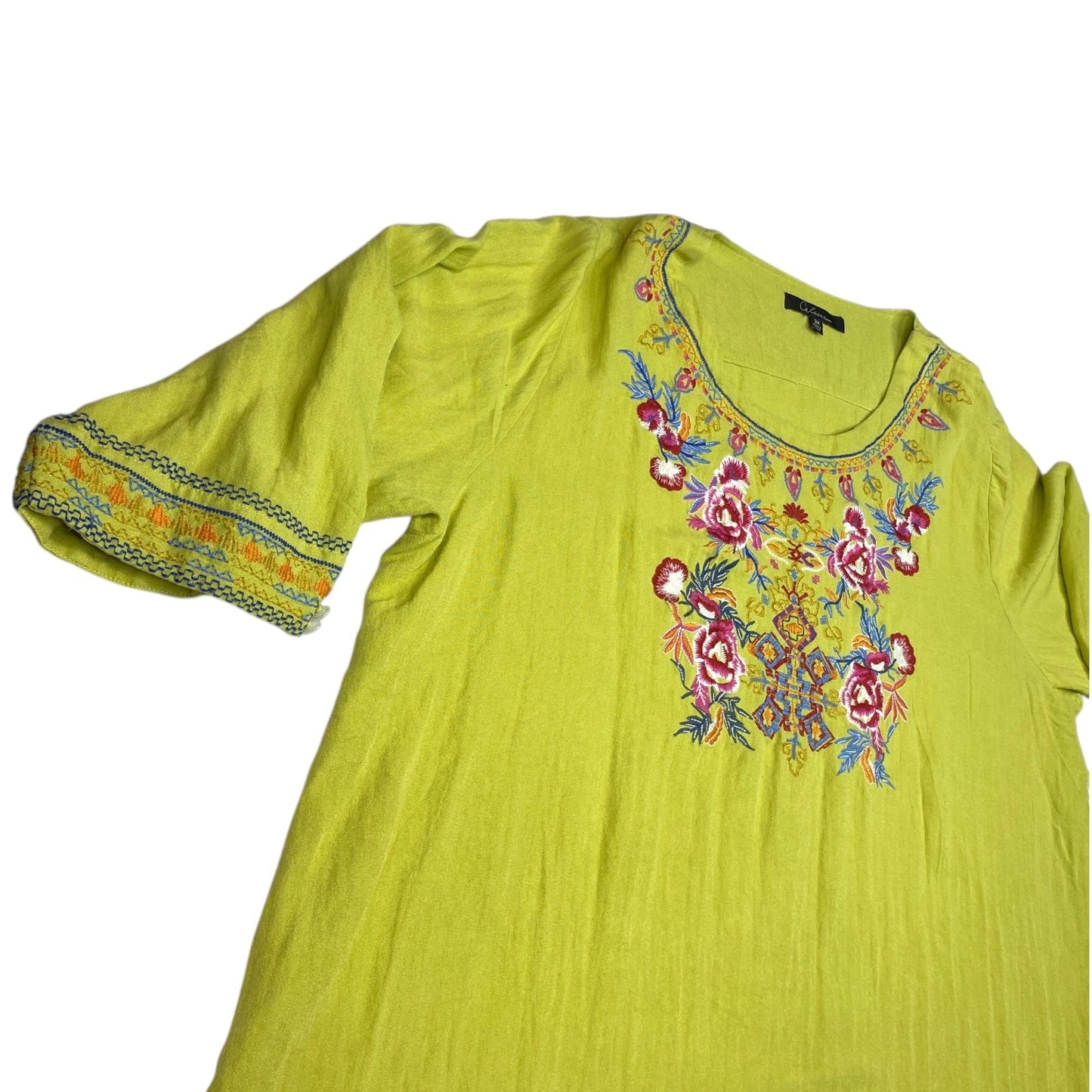 Calessa Womens 3X Tunic Top Lime Green Floral Embroidered Boho Shirt 3/4 Sleeve