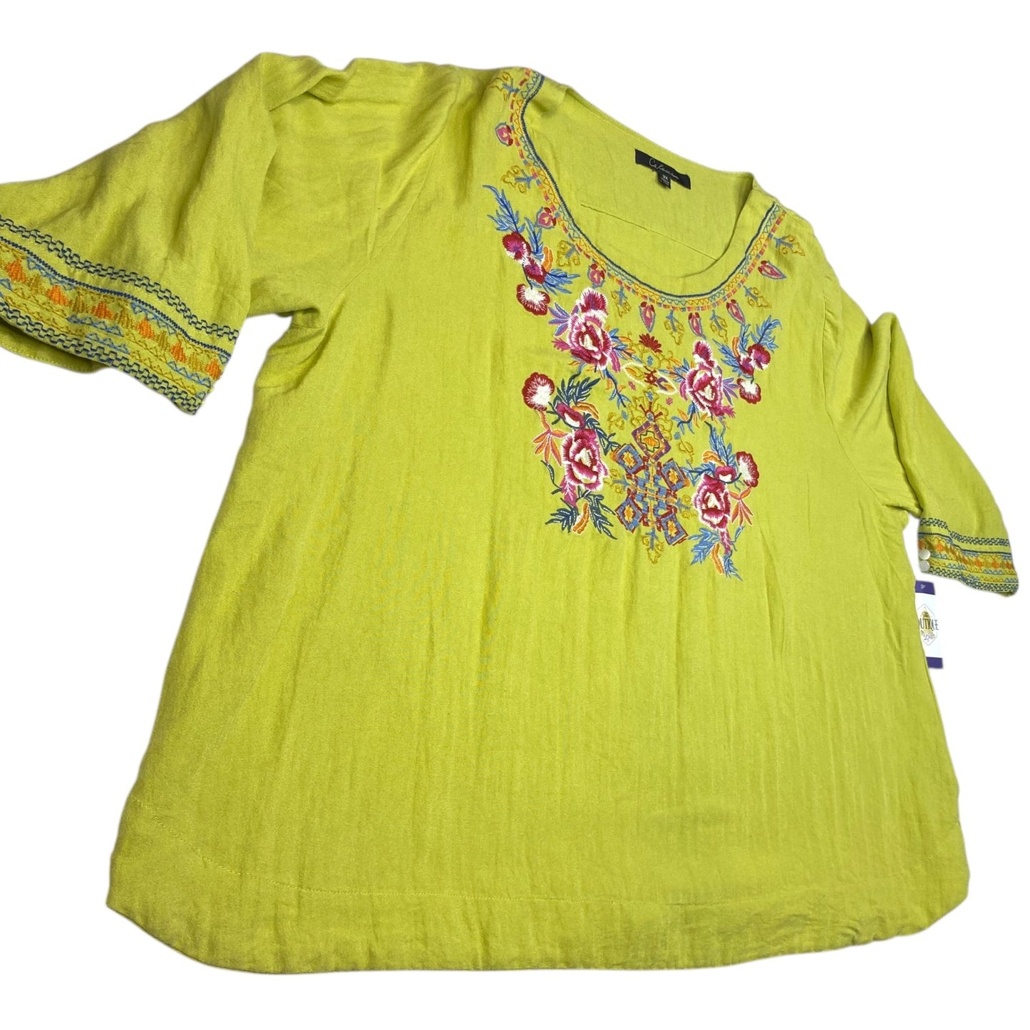 Calessa Womens 3X Tunic Top Lime Green Floral Embroidered Boho Shirt 3/4 Sleeve