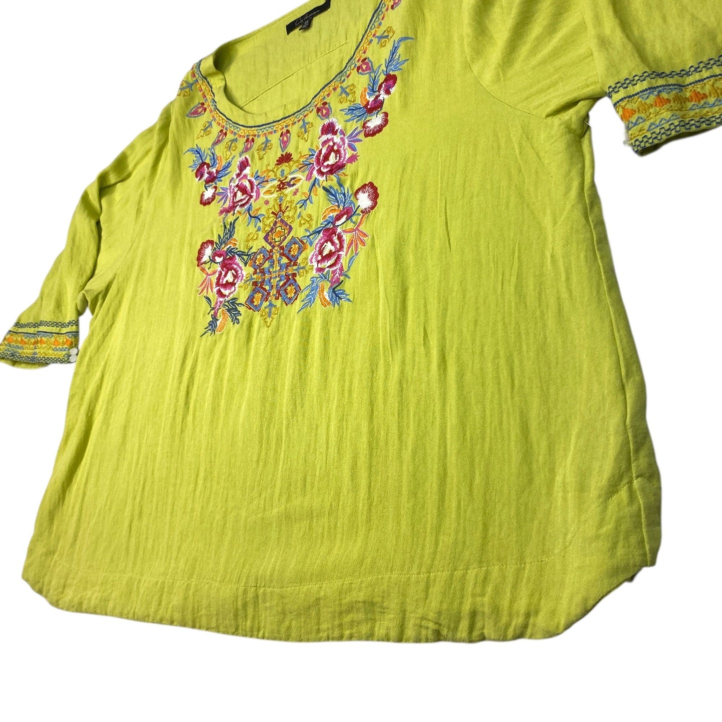 Calessa Womens 3X Tunic Top Lime Green Floral Embroidered Boho Shirt 3/4 Sleeve