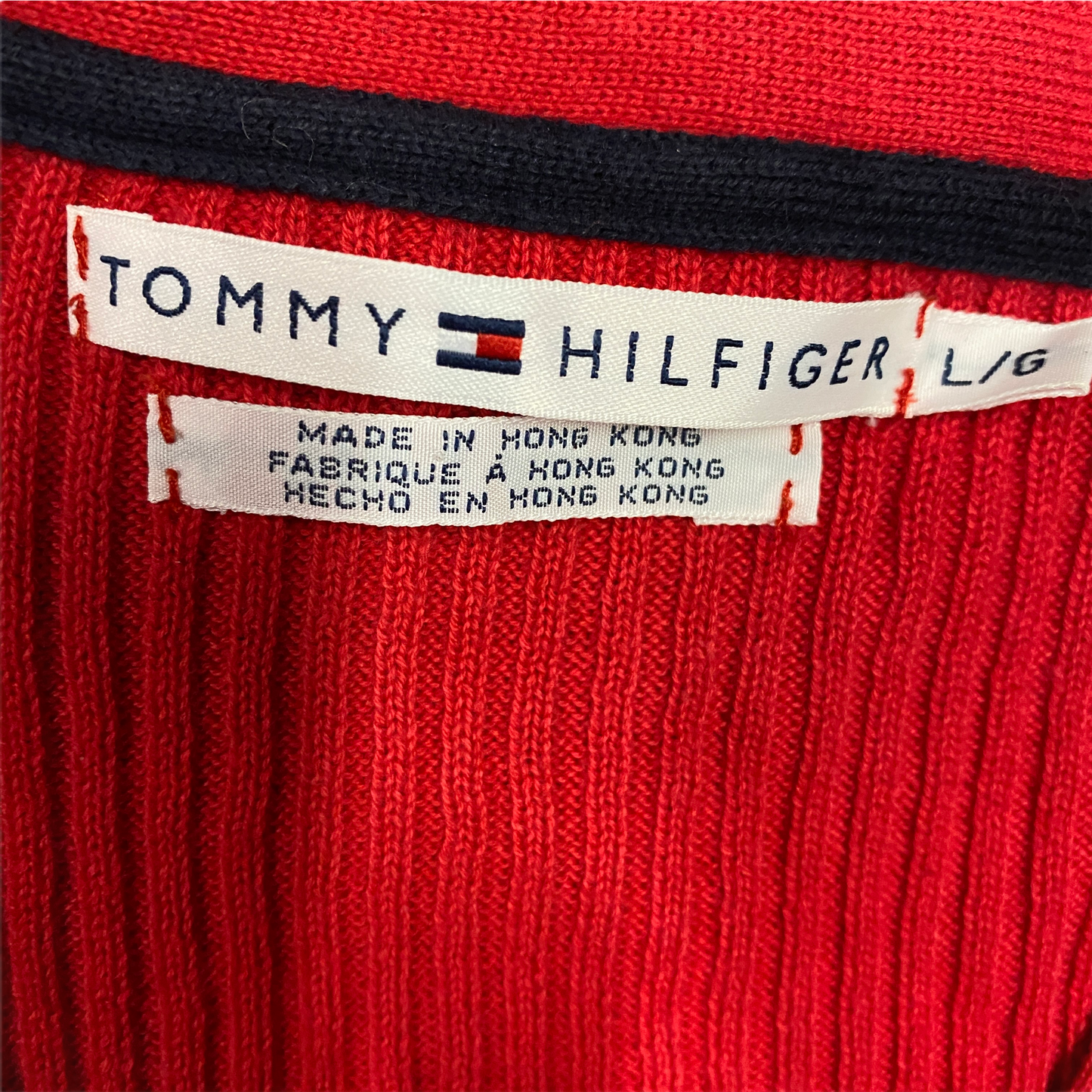 Vintage Tommy Hilfiger L Red Cardigan Sweater VNeck Ribbed Preppy White Blue Hem