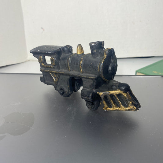 Vintage Cast Iron Train Engine #40 Black Gold Cow Catcher Rolling Wheels