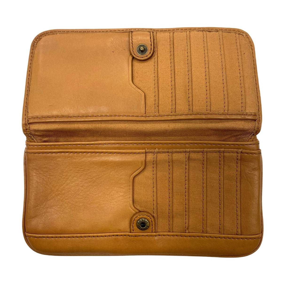 Vintage Tan Cowhide Leather Fossil Bifold Wallet With Snap Closure Card Slots