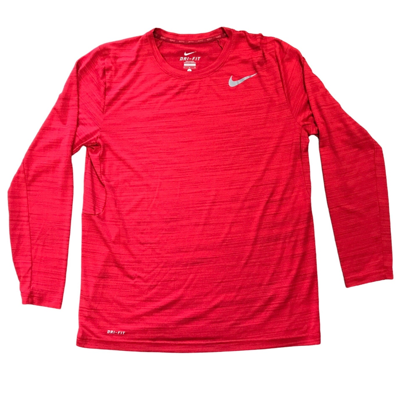 Nike Mens L Red DRI-FIT Long Sleeve Shirt Crew Neck Reflective Silver Logo