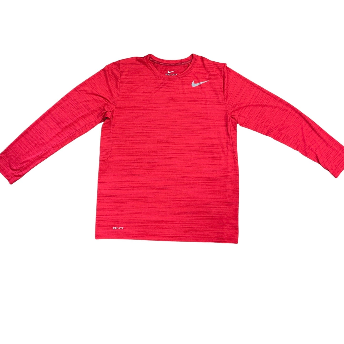 Nike Mens L Red DRI-FIT Long Sleeve Shirt Crew Neck Reflective Silver Logo