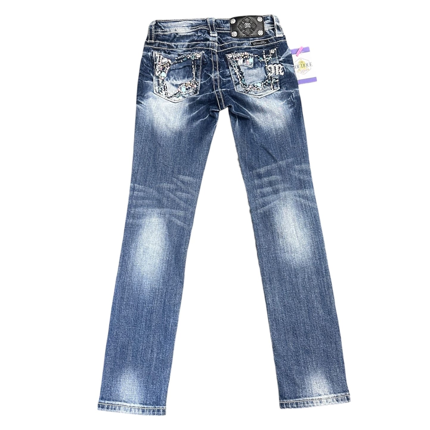 Miss Me Girls Skinny Jeans 10 Bling White Stitching Whiskering Sanded Rhinestone