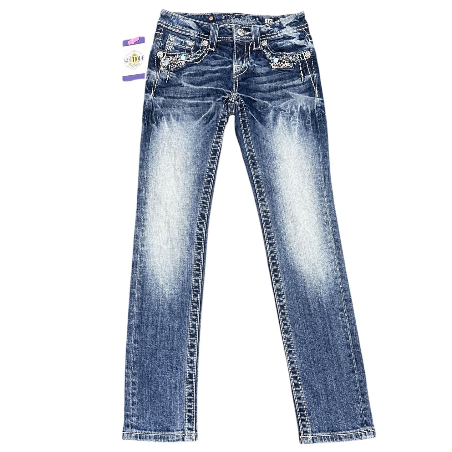 Miss Me Girls Skinny Jeans 10 Bling White Stitching Whiskering Sanded Rhinestone