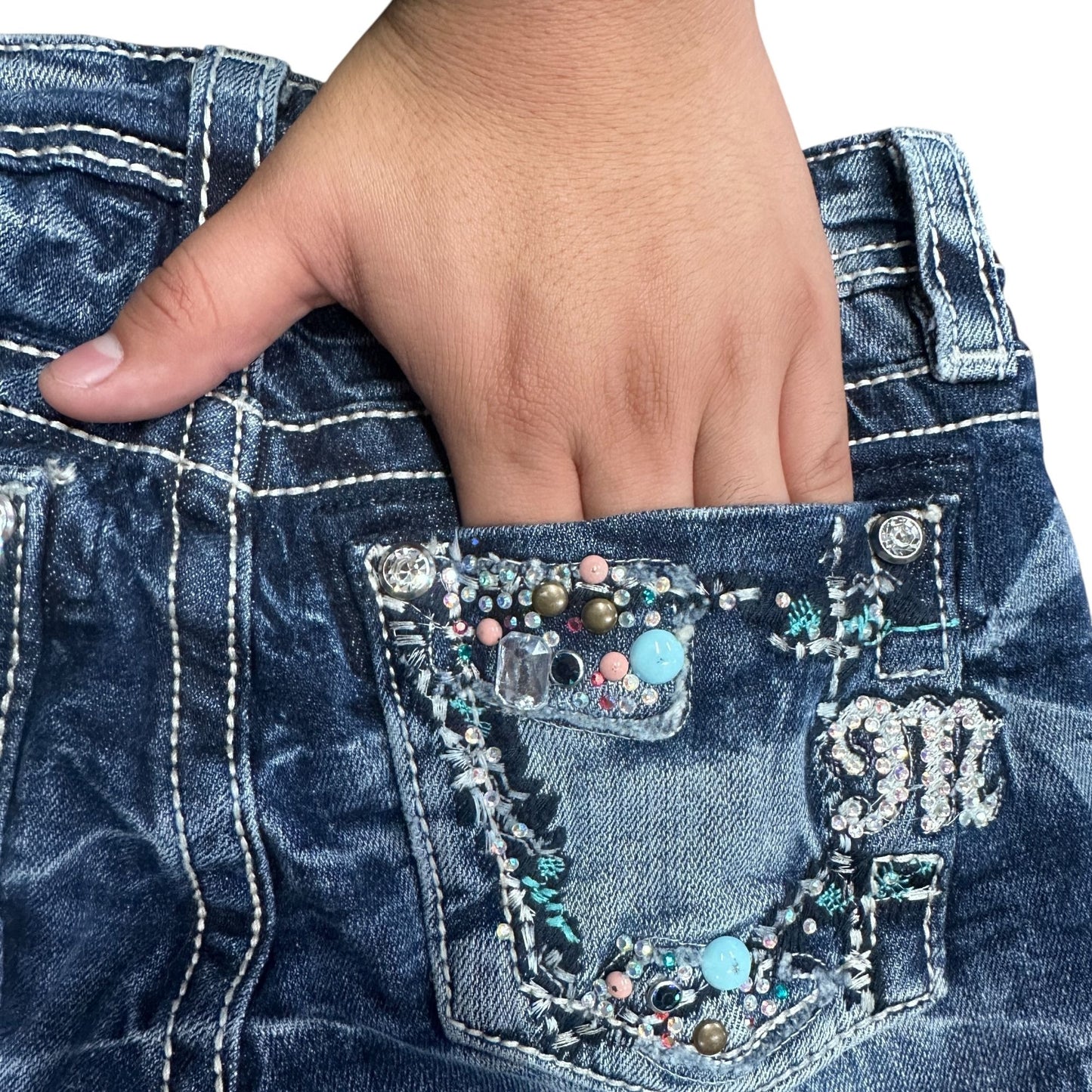 Miss Me Girls Skinny Jeans 10 Bling White Stitching Whiskering Sanded Rhinestone