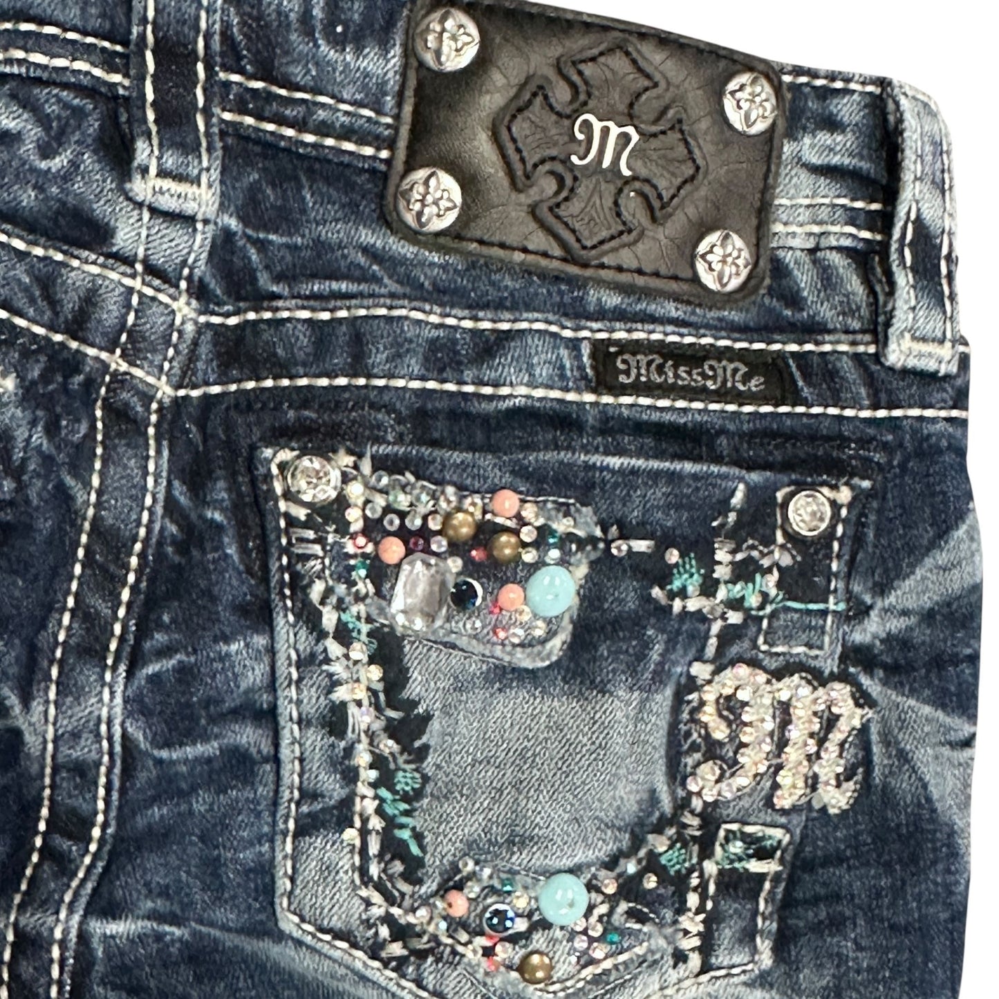 Miss Me Girls Skinny Jeans 10 Bling White Stitching Whiskering Sanded Rhinestone