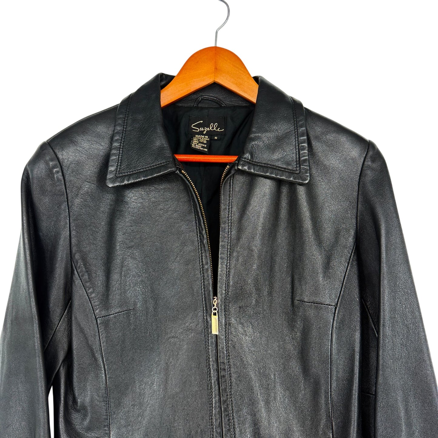 Suzelle Black Leather Jacket Womens S Vtg Full Zip Classic Fitted Gold Hardware