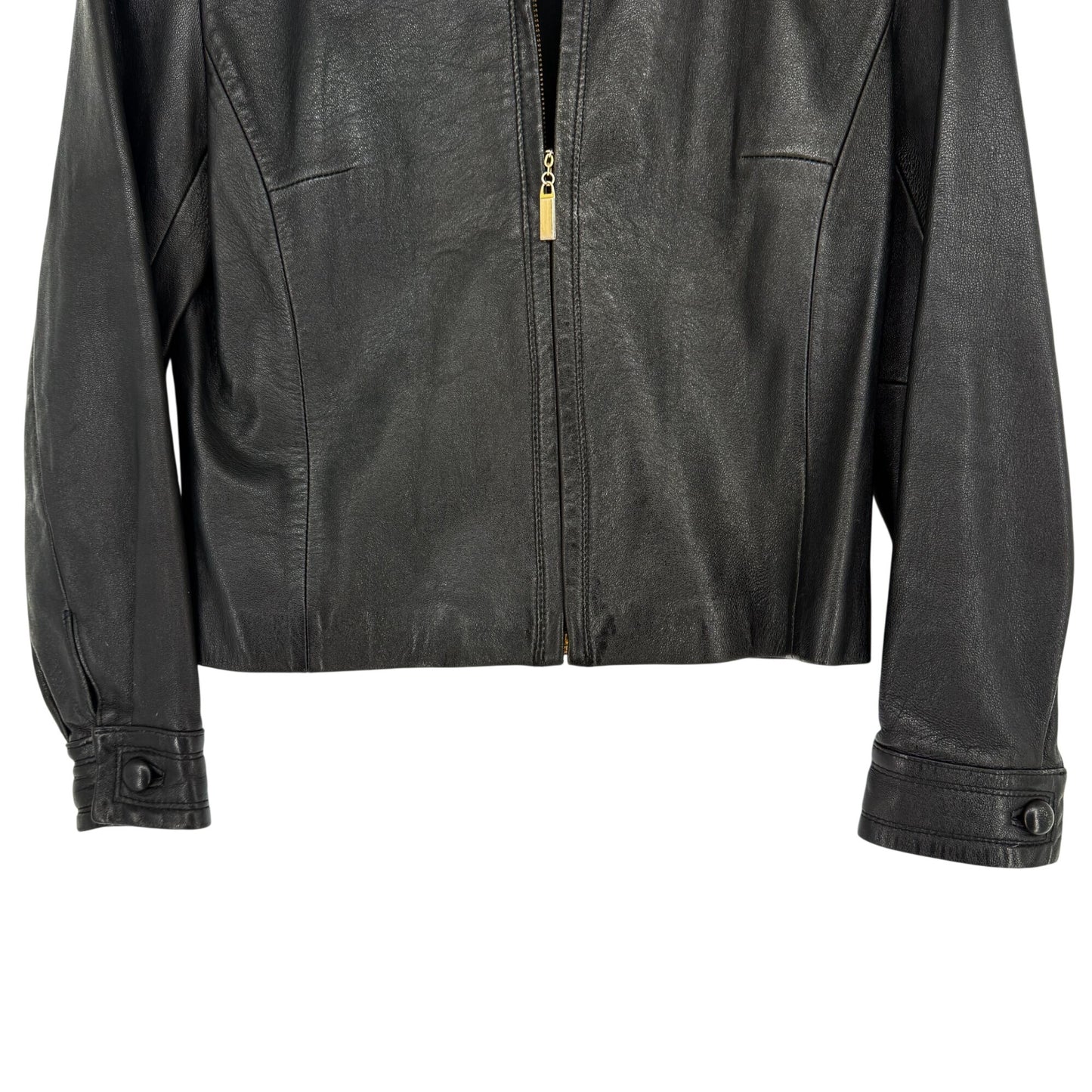 Suzelle Black Leather Jacket Womens S Vtg Full Zip Classic Fitted Gold Hardware