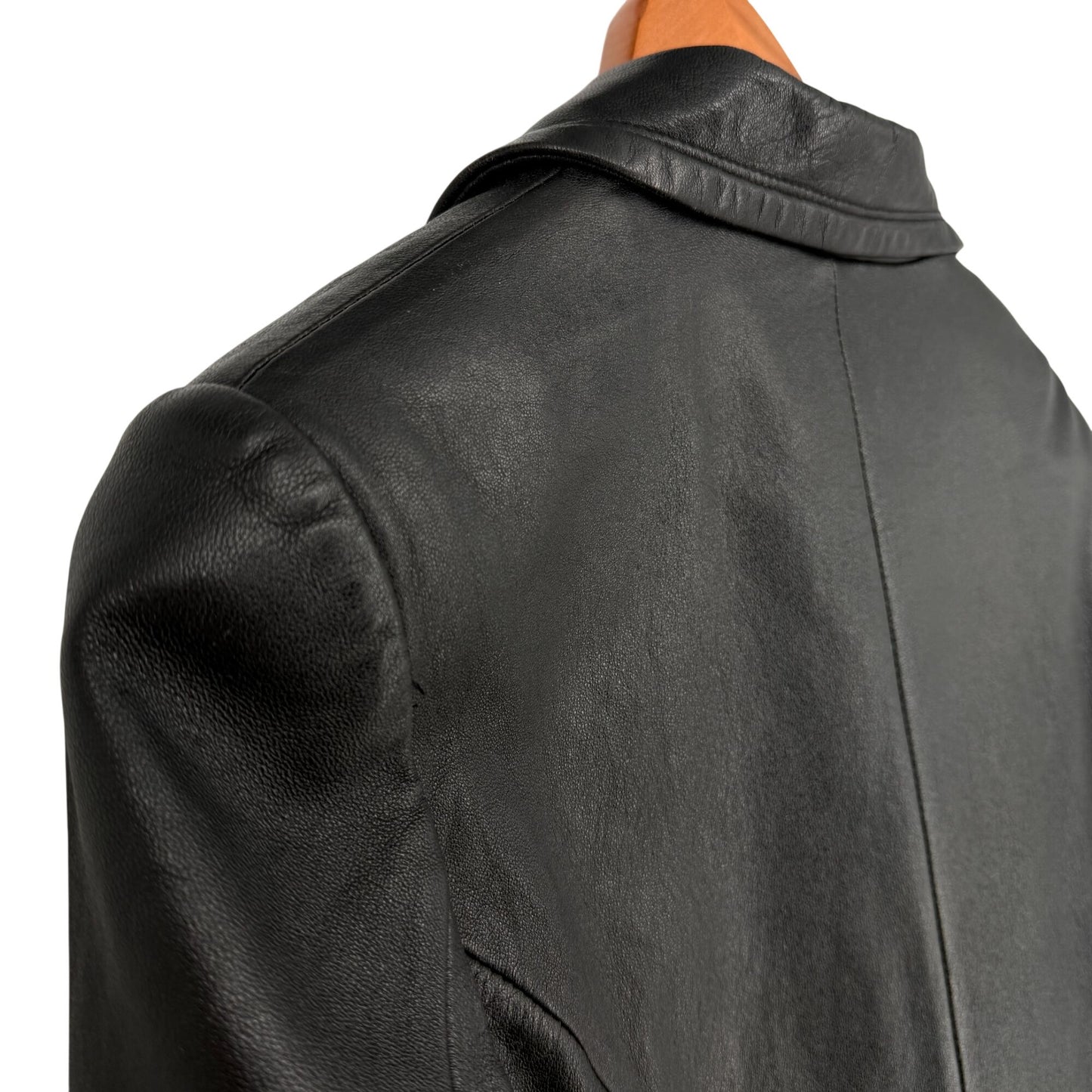 Suzelle Black Leather Jacket Womens S Vtg Full Zip Classic Fitted Gold Hardware