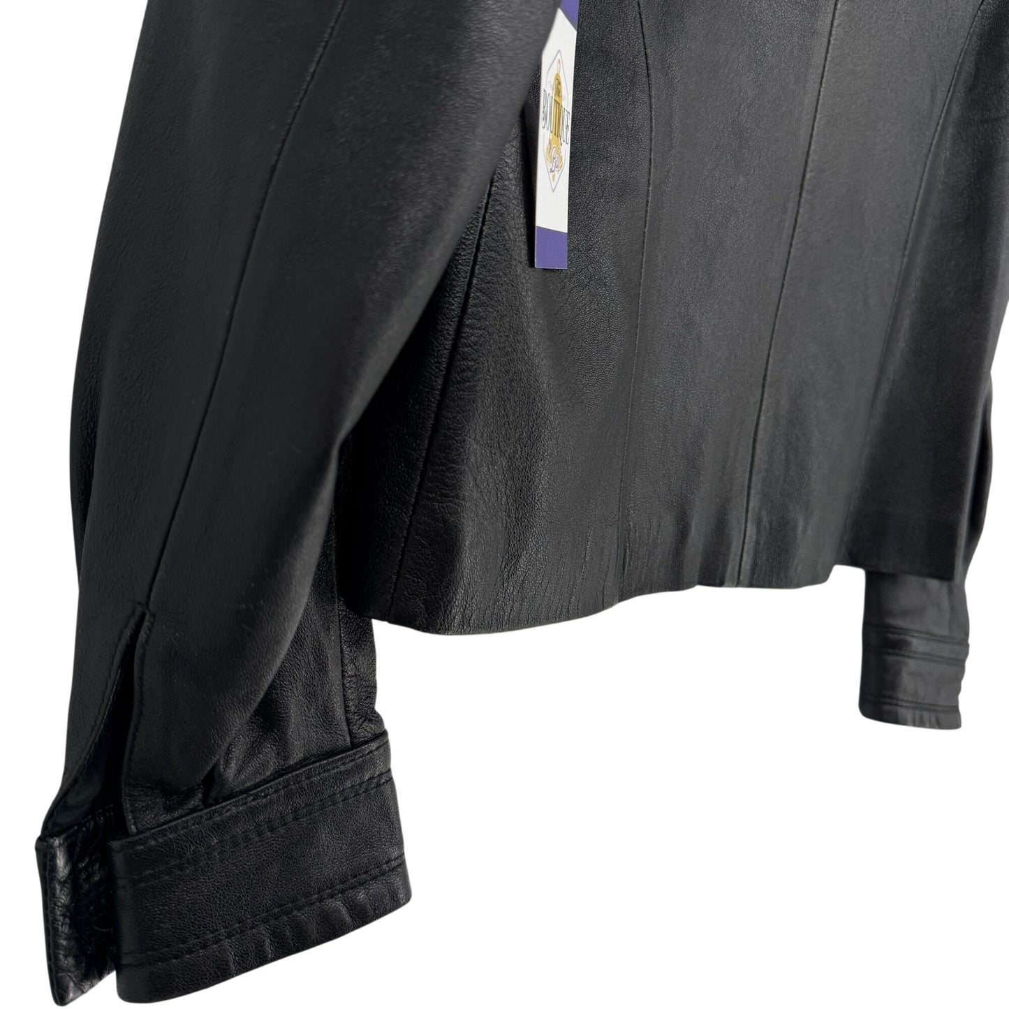 Suzelle Black Leather Jacket Womens S Vtg Full Zip Classic Fitted Gold Hardware