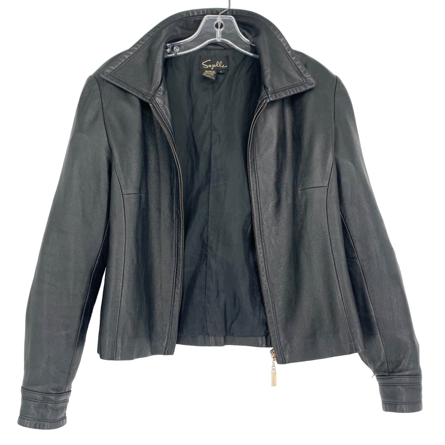 Suzelle Black Leather Jacket Womens S Vtg Full Zip Classic Fitted Gold Hardware